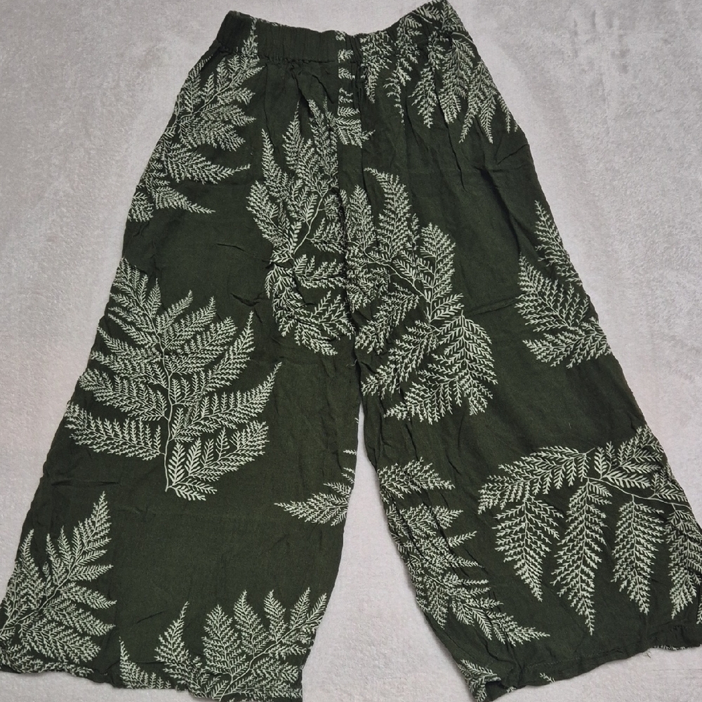 Green Leaf Print Wide-Leg Pants For Kids
